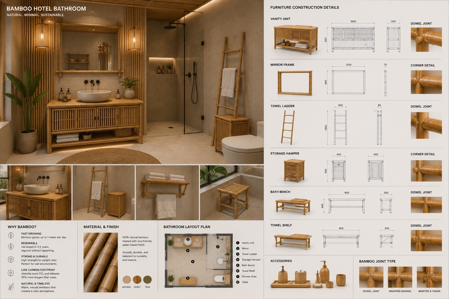 Bamboo bathroom furniture and construction drawings