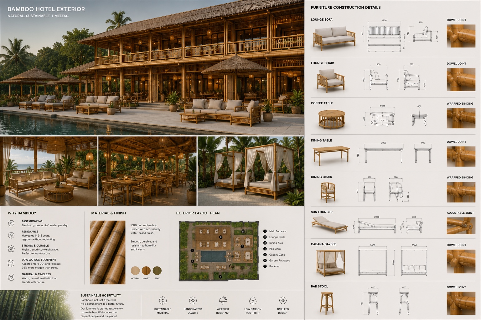 Luxury bamboo hotel exterior and outdoor furniture