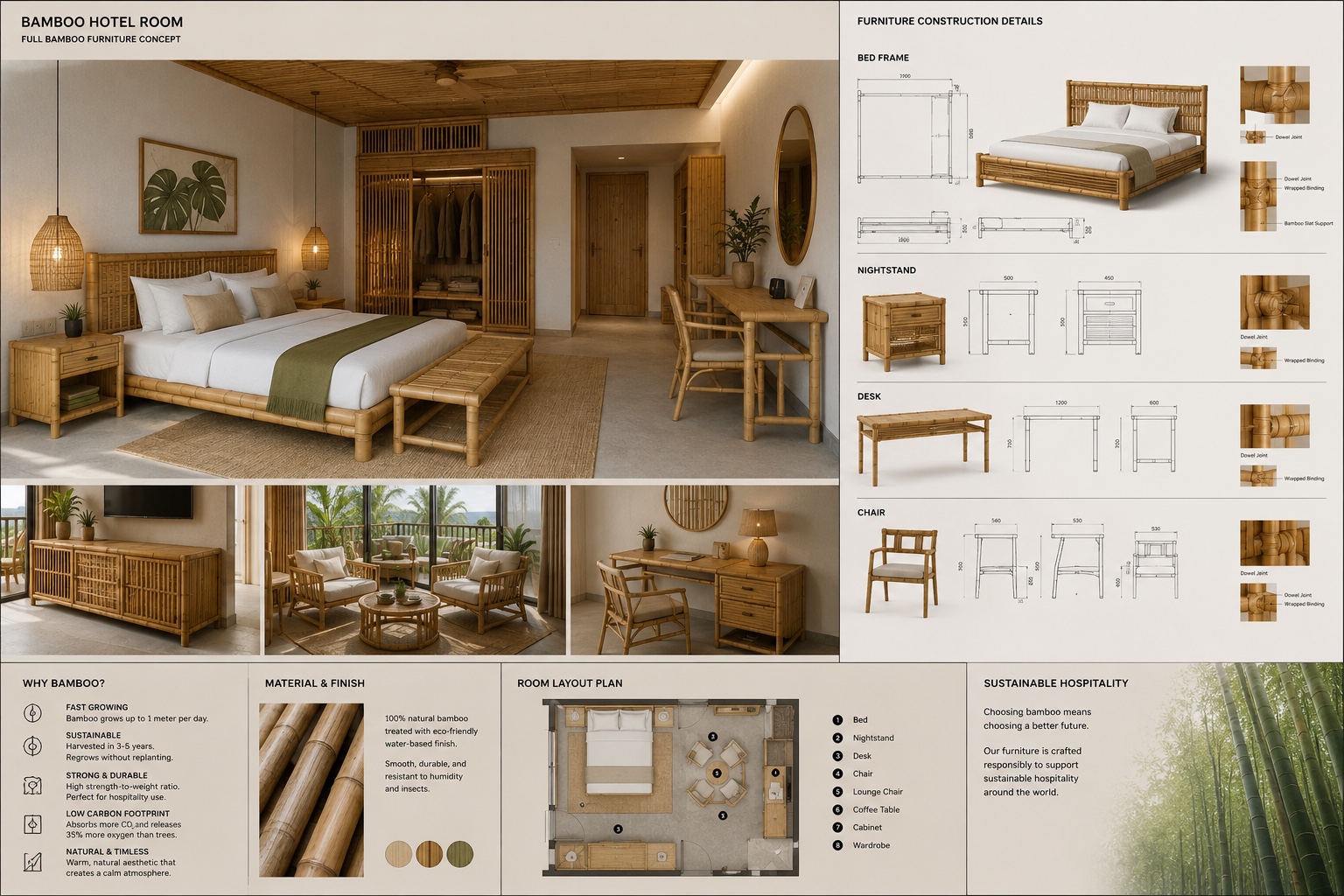 Bamboo hotel room furniture and construction drawings