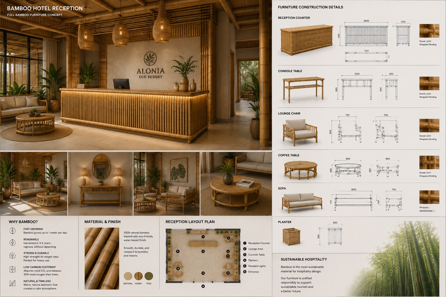 Bamboo hotel reception furniture and construction drawings